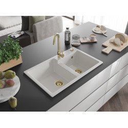 Mexen Tomas  konyhai mosogató gránit 2 medence+ pop up szifon 800 x 500 mm, fehér , szifon  arany  - 6516802000-20-G 2 medencés 2 medencés 406959 Mexen