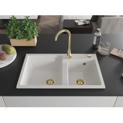 Mexen Tomas  konyhai mosogató gránit 2 medence+ pop up szifon 800 x 500 mm, fehér , szifon  arany  - 6516802000-20-G 2 medencés