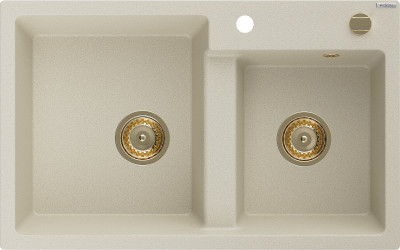 Mexen Tomas  konyhai mosogató gránit 2 medence+ pop up szifon 800 x 500 mm, beige, szifon  arany  - 6516802000-69-G 2 medencés
