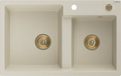 Mexen Tomas  konyhai mosogató gránit 2 medence+ pop up szifon 800 x 500 mm, beige, szifon  arany  - 6516802000-69-G 2 medencés