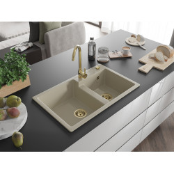 Mexen Tomas  konyhai mosogató gránit 2 medence+ pop up szifon 800 x 500 mm, beige, szifon  arany  - 6516802000-69-G 2 medencés 2 medencés 406959 Mexen