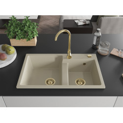 Mexen Tomas  konyhai mosogató gránit 2 medence+ pop up szifon 800 x 500 mm, beige, szifon  arany  - 6516802000-69-G 2 medencés