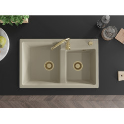 Mexen Tomas  konyhai mosogató gránit 2 medence+ pop up szifon 800 x 500 mm, beige, szifon  arany  - 6516802000-69-G 2 medencés