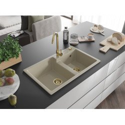 Mexen Tomas  konyhai mosogató gránit 2 medence+ pop up szifon 800 x 500 mm, beige, szifon  arany  - 6516802000-69-G 2 medencés