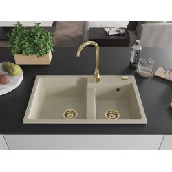 Mexen Tomas  konyhai mosogató gránit 2 medence+ pop up szifon 800 x 500 mm, beige, szifon  arany  - 6516802000-69-G 2 medencés