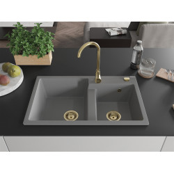 Mexen Tomas  konyhai mosogató gránit 2 medence+ pop up szifon 800 x 500 mm, szürke , szifon  arany  - 6516802000-71-G 2 medencés