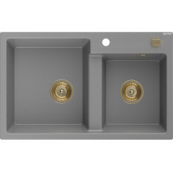 Mexen Tomas  konyhai mosogató gránit 2 medence+ pop up szifon 800 x 500 mm, szürke , szifon  arany  - 6516802000-71-G 2 medencés 2 medencés 406959 Mexen