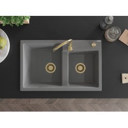 Mexen Tomas  konyhai mosogató gránit 2 medence+ pop up szifon 800 x 500 mm, szürke , szifon  arany  - 6516802000-71-G 2 medencés