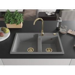 Mexen Tomas  konyhai mosogató gránit 2 medence+ pop up szifon 800 x 500 mm, szürke , szifon  arany  - 6516802000-71-G 2 medencés