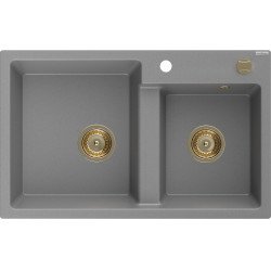 Mexen Tomas  konyhai mosogató gránit 2 medence+ pop up szifon 800 x 500 mm, szürke , szifon  arany  - 6516802000-71-G 2 medencés 2 medencés 406959 Mexen