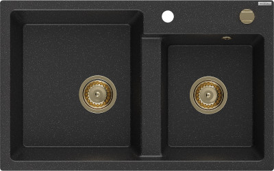 Mexen Tomas  konyhai  mosogató gránit 2 medence+ pop up szifon 800 x 500 mm, fekete / króm, szifon  arany  - 6516802000-73-G 2 medencés