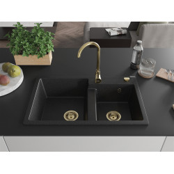 Mexen Tomas  konyhai  mosogató gránit 2 medence+ pop up szifon 800 x 500 mm, fekete / króm, szifon  arany  - 6516802000-73-G 2 medencés