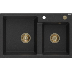 Mexen Tomas  konyhai  mosogató gránit 2 medence+ pop up szifon 800 x 500 mm, fekete / króm, szifon  arany  - 6516802000-73-G 2 medencés 2 medencés 406959 Mexen