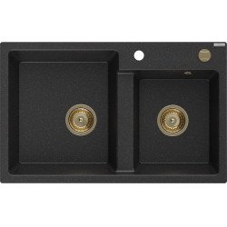 Mexen Tomas  konyhai  mosogató gránit 2 medence+ pop up szifon 800 x 500 mm, fekete / króm, szifon  arany  - 6516802000-73-G 2 medencés 2 medencés 406959 Mexen