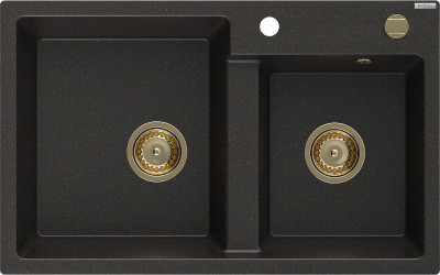 Mexen Tomas  konyhai  mosogató gránit 2 medence+ pop up szifon 800 x 500 mm, fekete / arany, szifon  arany  - 6516802000-75-G 2 medencés