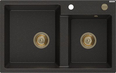 Mexen Tomas  konyhai  mosogató gránit 2 medence+ pop up szifon 800 x 500 mm, fekete / arany, szifon  arany  - 6516802000-75-G 2 medencés