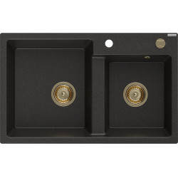 Mexen Tomas  konyhai  mosogató gránit 2 medence+ pop up szifon 800 x 500 mm, fekete / arany, szifon  arany  - 6516802000-75-G 2 medencés 2 medencés 406959 Mexen