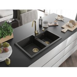 Mexen Tomas  konyhai  mosogató gránit 2 medence+ pop up szifon 800 x 500 mm, fekete / arany, szifon  arany  - 6516802000-75-G 2 medencés 2 medencés 406959 Mexen