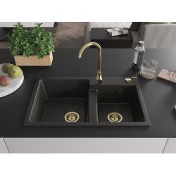 Mexen Tomas  konyhai  mosogató gránit 2 medence+ pop up szifon 800 x 500 mm, fekete / arany, szifon  arany  - 6516802000-75-G 2 medencés