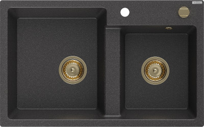 Mexen Tomas  konyhai  mosogató gránit 2 medence+ pop up szifon 800 x 500 mm, fekete köhatasu, szifon  arany  - 6516802000-76-G 2 medencés