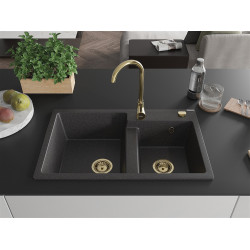 Mexen Tomas  konyhai  mosogató gránit 2 medence+ pop up szifon 800 x 500 mm, fekete köhatasu, szifon  arany  - 6516802000-76-G 2 medencés
