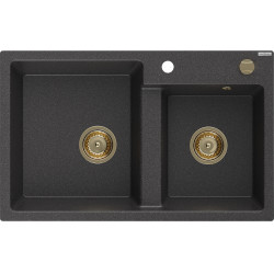 Mexen Tomas  konyhai  mosogató gránit 2 medence+ pop up szifon 800 x 500 mm, fekete köhatasu, szifon  arany  - 6516802000-76-G 2 medencés 2 medencés 406959 Mexen