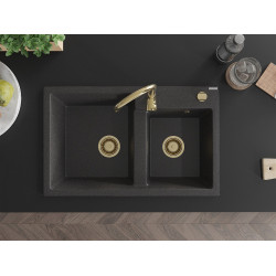 Mexen Tomas  konyhai  mosogató gránit 2 medence+ pop up szifon 800 x 500 mm, fekete köhatasu, szifon  arany  - 6516802000-76-G 2 medencés
