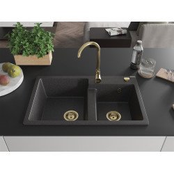 Mexen Tomas  konyhai  mosogató gránit 2 medence+ pop up szifon 800 x 500 mm, fekete köhatasu, szifon  arany  - 6516802000-76-G 2 medencés