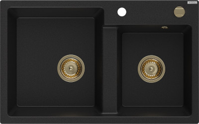 Mexen Tomas  konyhai  mosogató gránit 2 medence+ pop up szifon 800 x 500 mm, fekete , szifon  arany  - 6516802000-77-G 2 medencés