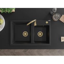 Mexen Tomas  konyhai  mosogató gránit 2 medence+ pop up szifon 800 x 500 mm, fekete , szifon  arany  - 6516802000-77-G 2 medencés