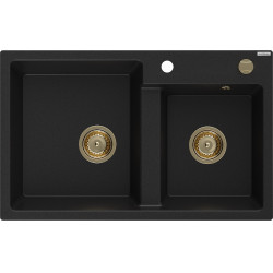 Mexen Tomas  konyhai  mosogató gránit 2 medence+ pop up szifon 800 x 500 mm, fekete , szifon  arany  - 6516802000-77-G 2 medencés 2 medencés 406959 Mexen