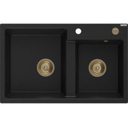 Mexen Tomas  konyhai  mosogató gránit 2 medence+ pop up szifon 800 x 500 mm, fekete , szifon  arany  - 6516802000-77-G 2 medencés 2 medencés 406959 Mexen
