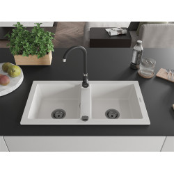 Mexen Mario  konyhai mosogató gránit 2 medence+ pop up szifon 820 x 436 mm, fehér , szifon  fekete  - 6504822000-20-B 2 medencés