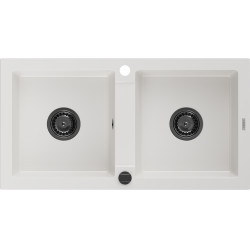 Mexen Mario  konyhai mosogató gránit 2 medence+ pop up szifon 820 x 436 mm, fehér , szifon  fekete  - 6504822000-20-B 2 medencés 2 medencés 406959 Mexen