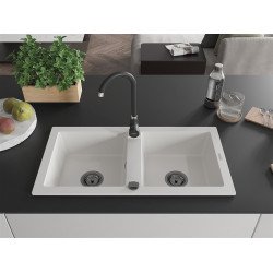 Mexen Mario  konyhai mosogató gránit 2 medence+ pop up szifon 820 x 436 mm, fehér , szifon  fekete  - 6504822000-20-B 2 medencés