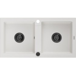 Mexen Mario  konyhai mosogató gránit 2 medence+ pop up szifon 820 x 436 mm, fehér , szifon  fekete  - 6504822000-20-B 2 medencés 2 medencés 406959 Mexen