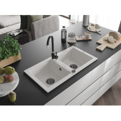 Mexen Mario  konyhai mosogató gránit 2 medence+ pop up szifon 820 x 436 mm, fehér , szifon  fekete  - 6504822000-20-B 2 medencés 2 medencés 406959 Mexen