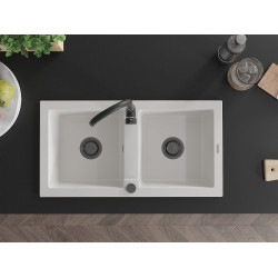 Mexen Mario  konyhai mosogató gránit 2 medence+ pop up szifon 820 x 436 mm, fehér , szifon  fekete  - 6504822000-20-B 2 medencés
