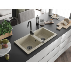 Mexen Mario  konyhai mosogató gránit 2 medence+ pop up szifon 820 x 436 mm, beige, szifon  fekete  - 6504822000-69-B 2 medencés 2 medencés 406959 Mexen
