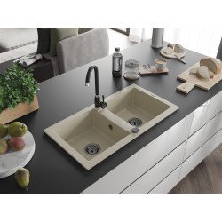 Mexen Mario  konyhai mosogató gránit 2 medence+ pop up szifon 820 x 436 mm, beige, szifon  fekete  - 6504822000-69-B 2 medencés