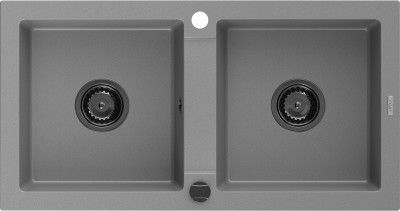Mexen Mario  konyhai mosogató gránit 2 medence+ pop up szifon 820 x 436 mm, szürke , szifon  fekete  - 6504822000-71-B 2 medencés