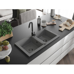 Mexen Mario  konyhai mosogató gránit 2 medence+ pop up szifon 820 x 436 mm, szürke , szifon  fekete  - 6504822000-71-B 2 medencés 2 medencés 406959 Mexen