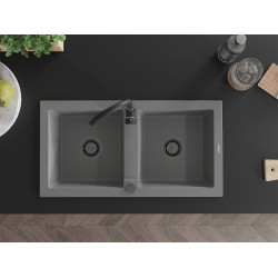 Mexen Mario  konyhai mosogató gránit 2 medence+ pop up szifon 820 x 436 mm, szürke , szifon  fekete  - 6504822000-71-B 2 medencés