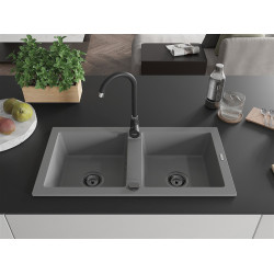 Mexen Mario  konyhai mosogató gránit 2 medence+ pop up szifon 820 x 436 mm, szürke , szifon  fekete  - 6504822000-71-B 2 medencés