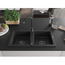 Mexen Mario  konyhai mosogató gránit 2 medence+ pop up szifon 820 x 436 mm, fekete / króm, szifon  fekete  - 6504822000-73-B 2 medencés