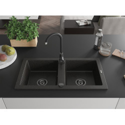 Mexen Mario  konyhai mosogató gránit 2 medence+ pop up szifon 820 x 436 mm, fekete / arany, szifon  fekete  - 6504822000-75-B 2 medencés