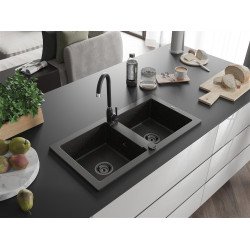 Mexen Mario  konyhai mosogató gránit 2 medence+ pop up szifon 820 x 436 mm, fekete / arany, szifon  fekete  - 6504822000-75-B 2 medencés 2 medencés 406959 Mexen