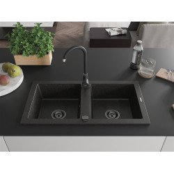 Mexen Mario  konyhai mosogató gránit 2 medence+ pop up szifon 820 x 436 mm, fekete / arany, szifon  fekete  - 6504822000-75-B 2 medencés