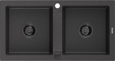 Mexen Mario  konyhai mosogató gránit 2 medence+ pop up szifon 820 x 436 mm, fekete köhatasu, szifon  fekete  - 6504822000-76-B 2 medencés
