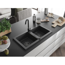 Mexen Mario  konyhai mosogató gránit 2 medence+ pop up szifon 820 x 436 mm, fekete köhatasu, szifon  fekete  - 6504822000-76-B 2 medencés 2 medencés 406959 Mexen